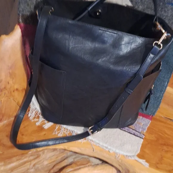 Large Black Vegan Anthropologie Bucket Convertible Tote Bag and Classic Purse - Picture 3 of 7